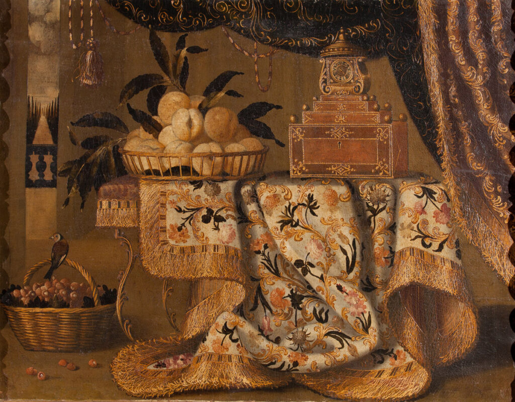 “Natura morta con tavola, tessuto ricamato, frutta, orologio e cesta con cardellino”, opera di Antonio II Gianlisi.