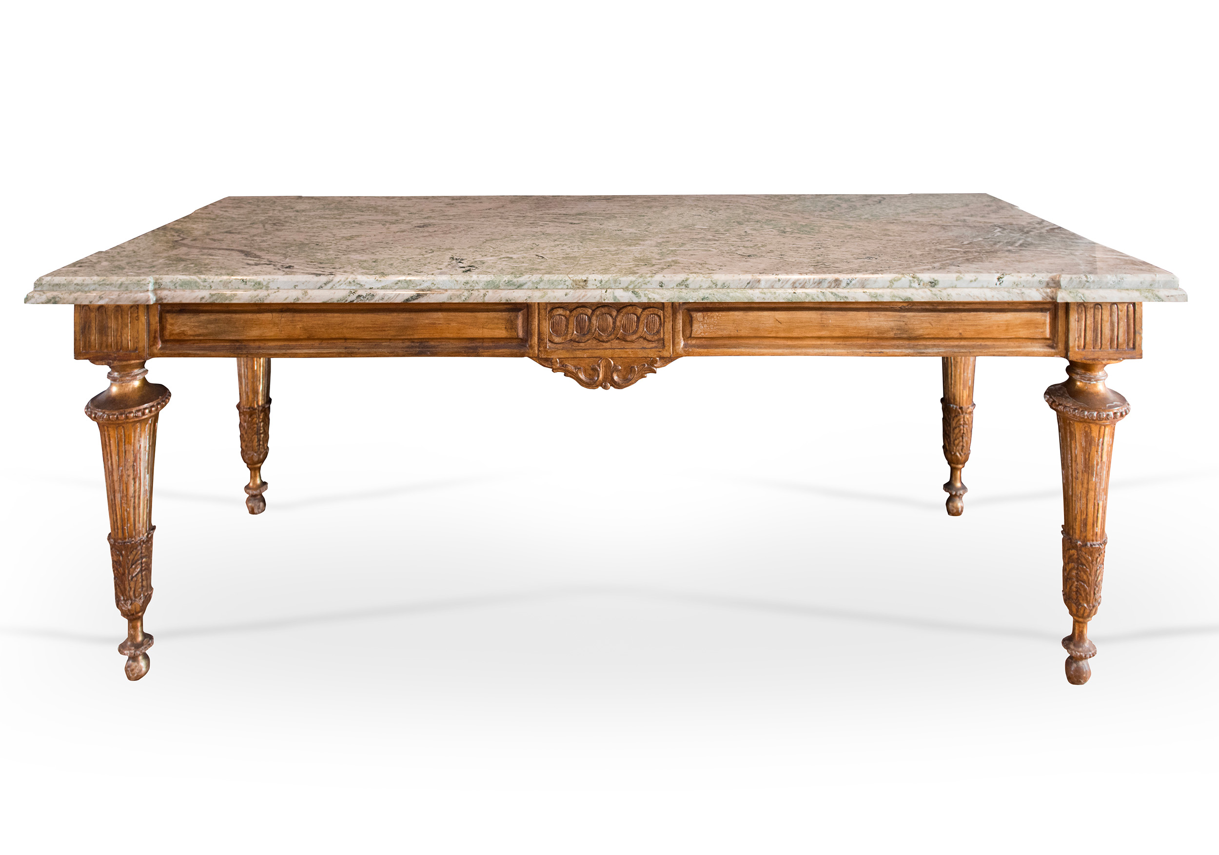 Grande tavolo di rappresentanza in legno intagliato e dorato con piano in marmo verde e grigio, XIX secolo.