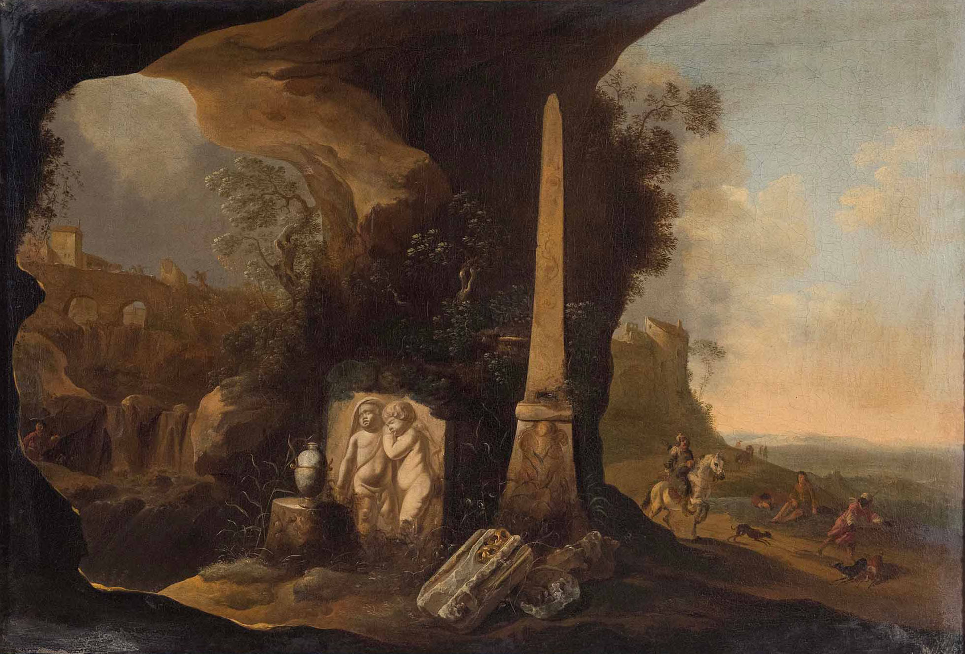 “Obelisco con rovine classiche e partenza per la caccia”, opera di Petrus Van Hattich.