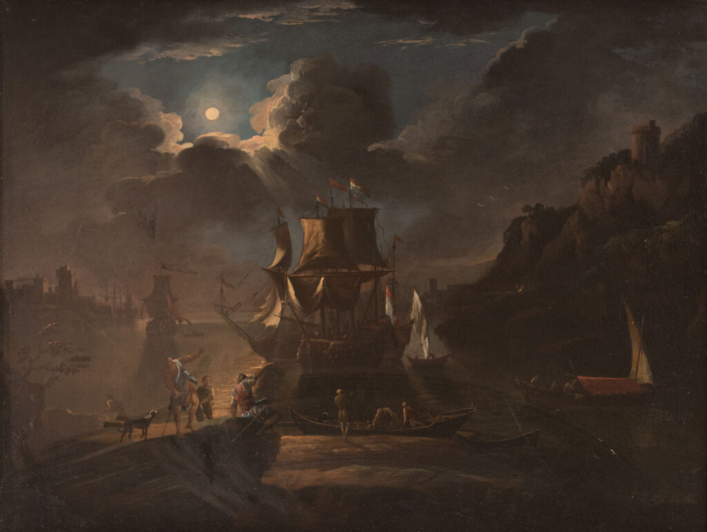 “Marina Notturna con pescatori” dipinto attribuito a Pieter Mulier detto Cavaliere Tempesta.Gregory's Aste Bologna.