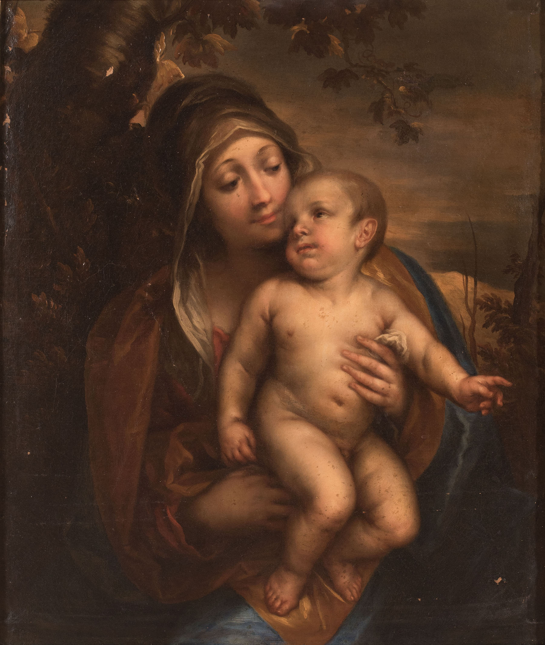 "Madonna con bambino", olio su tela di maestro del XVII secolo.