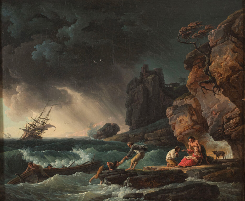 “Marina in Tempesta”, olio su tela di Claude Joseph Vernet, 1739. Gregory's Aste Bologna.