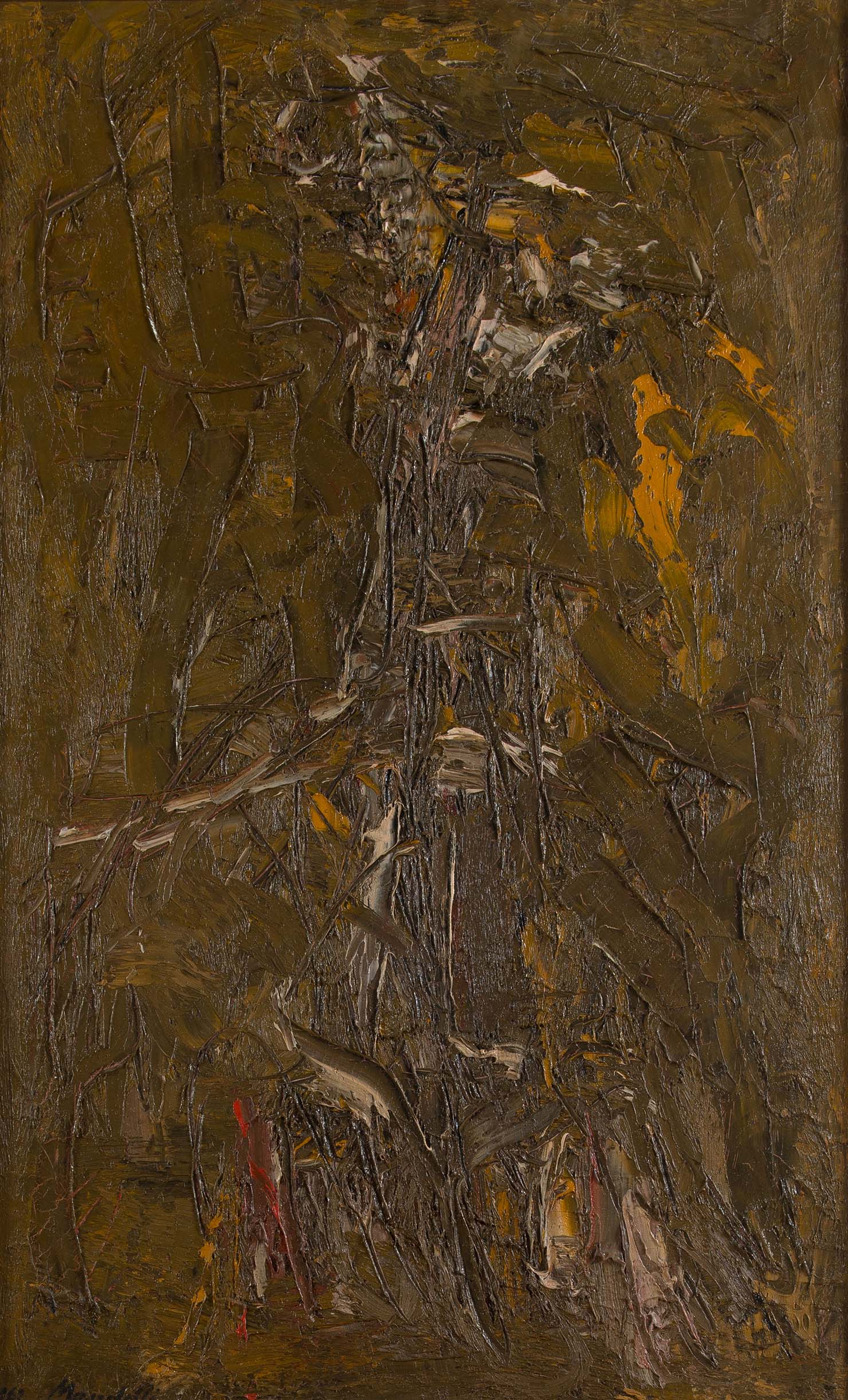 "Figura fondo ocra", olio su tela di Pompilio Mandelli, 1962.