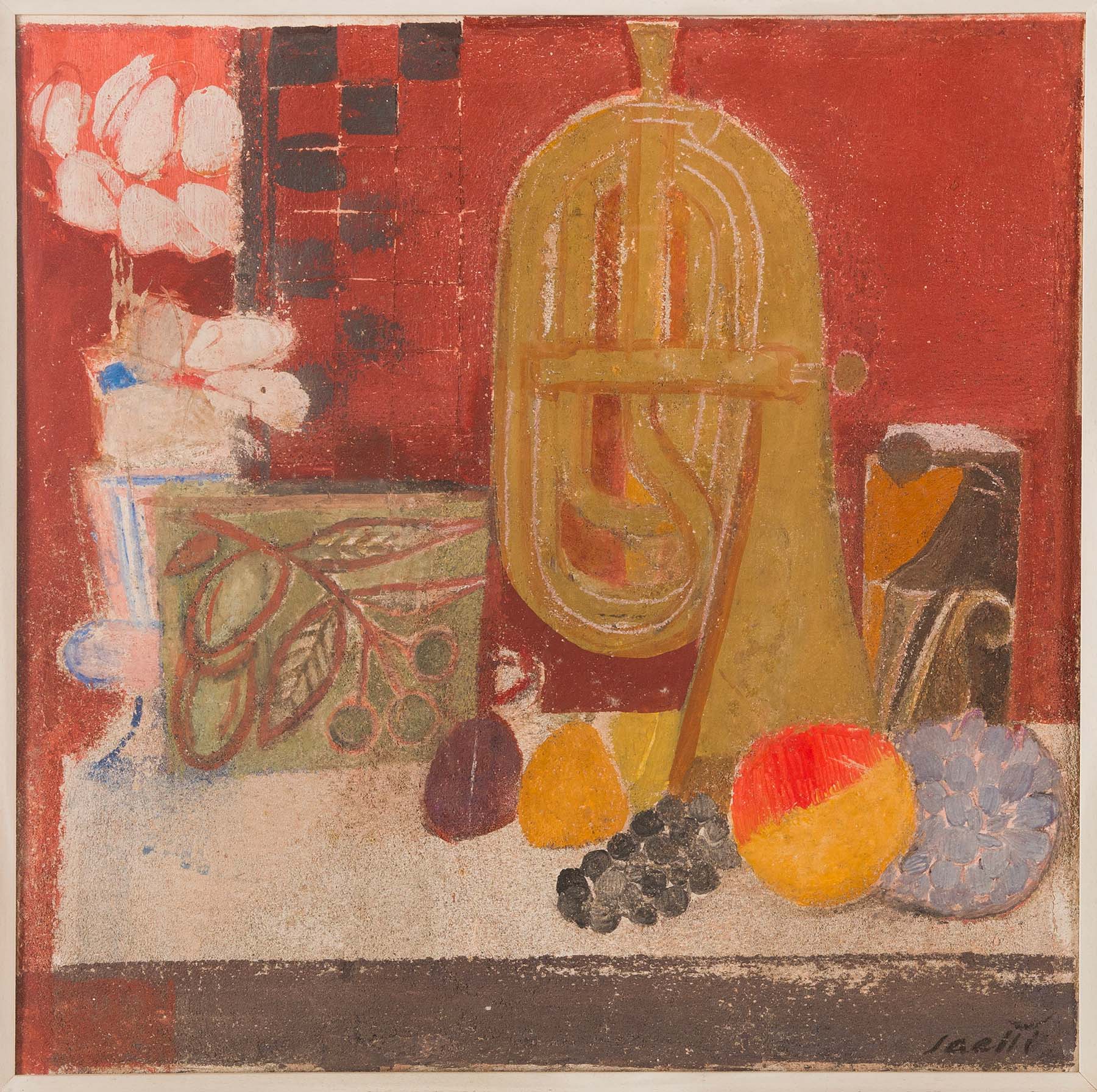 "Composizione con la tromba", affresco su tela di Bruno Saetti.