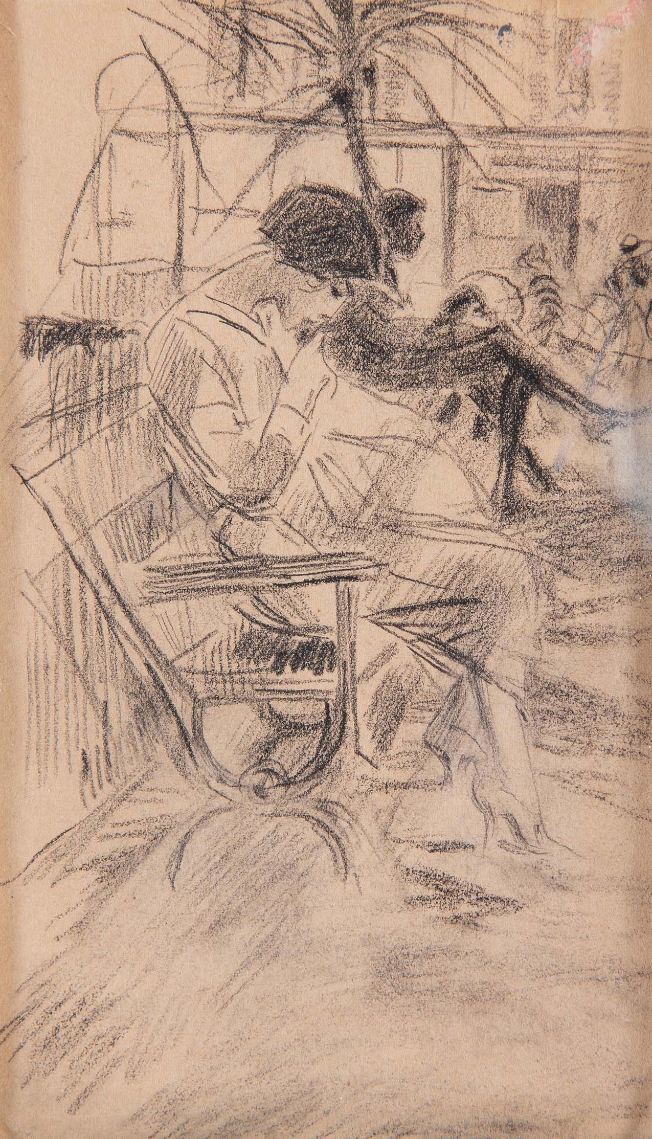 “Signora seduta in panchina che cuce”, disegno di Giovanni Boldini, 1915.