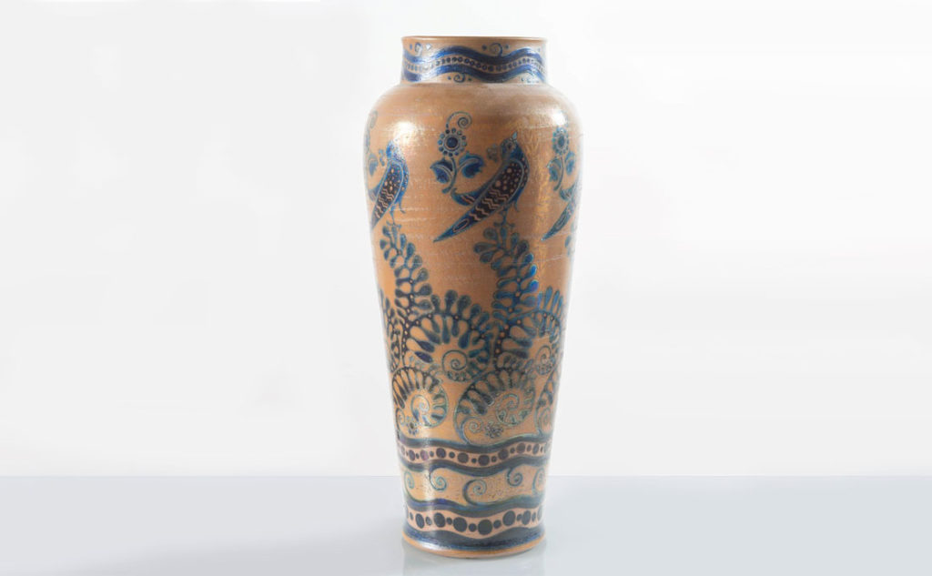 Large salt-glazed stoneware vase by Galileo Chini decorated in blue with ferns, birds and floral motifs, Chini & Co. Mugello.