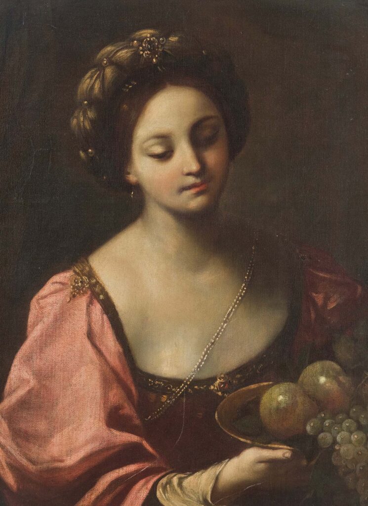“Figura di donna con piatto di frutta”, olio su tela di Maestro del XVII secolo.