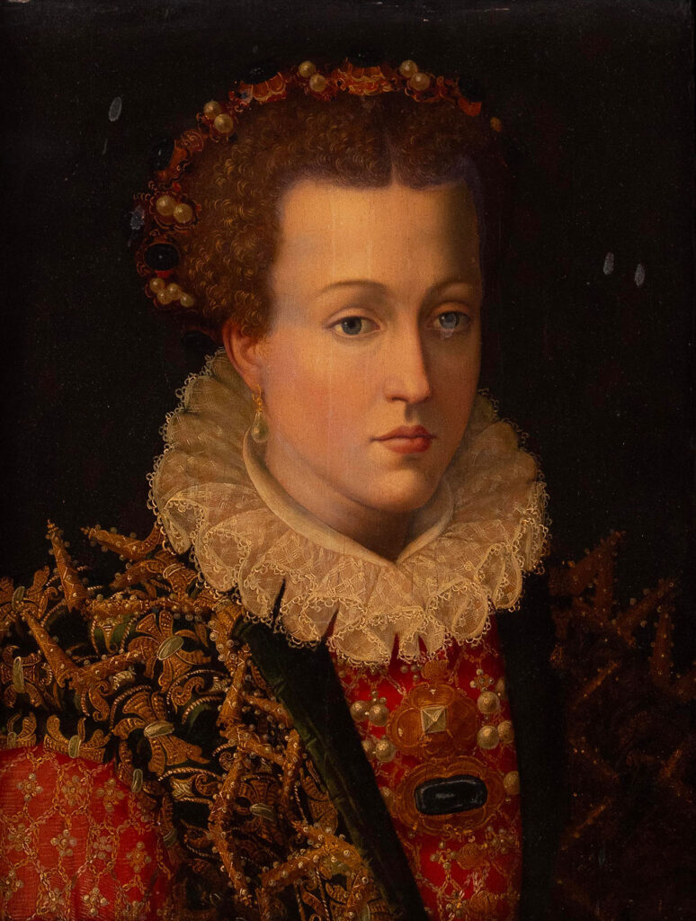 Alessandro Allori, detto il Bronzino, attribuito a, “Ritratto mezzo busto di gran dama”.