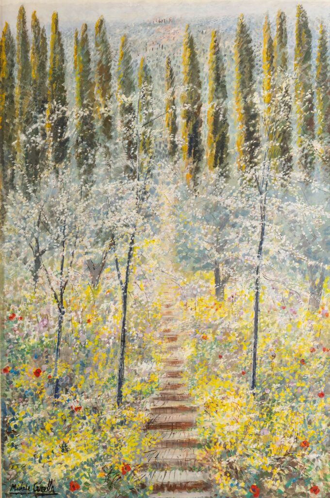 In Ginestre a San Gimignano, Michele Cascella celebra il paesaggio toscano con colori luminosi e pennellate delicate, esprimendo armonia e serenità. In Brooms in San Gimignano, Michele Cascella celebrates the Tuscan landscape with bright colors and delicate brushstrokes, expressing harmony and serenity.