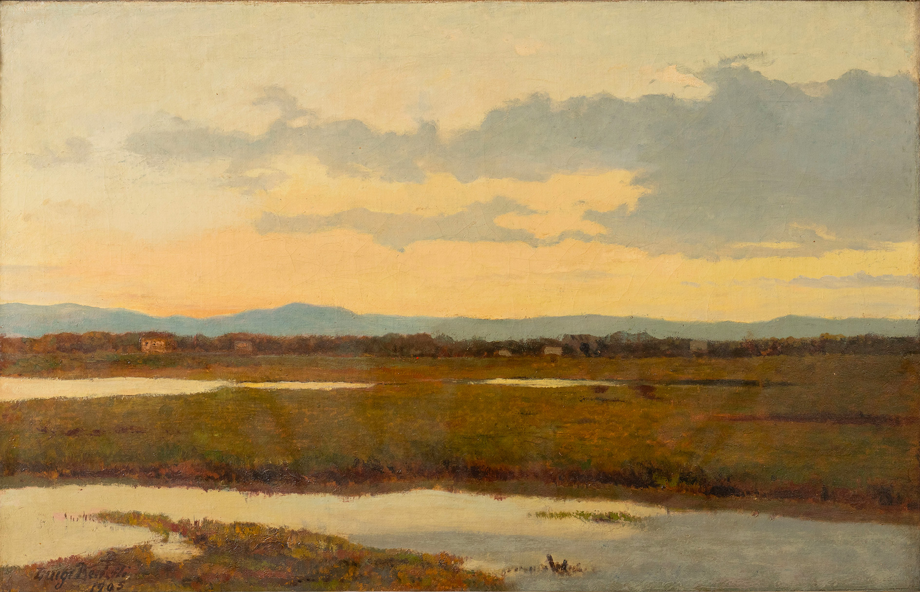 "Paesaggio con Palude" di Luigi Bertelli è un’espressiva opera a olio su tela che cattura la bellezza e l’atmosfera della pittura paesaggistica italiana.
"Paesaggio con Palude" by Luigi Bertelli is an expressive oil on canvas capturing the beauty and atmosphere of Italian landscape painting.