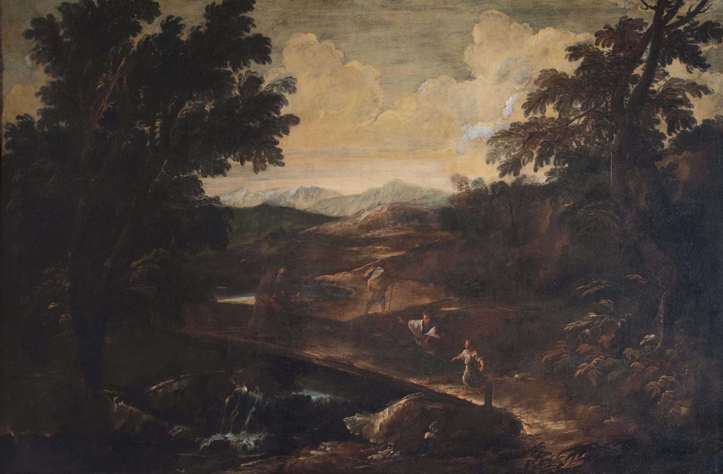 “Paesaggio fluviale con figure”, olio su tela di Antonio Francesco Peruzzini.