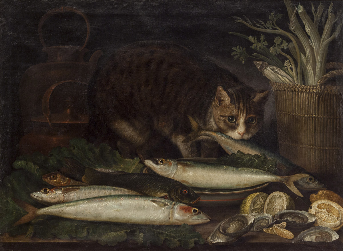 “Natura morta con gatto, pesci, ostriche, vasellame”, opera attribuita a Giovanni Rivalta.