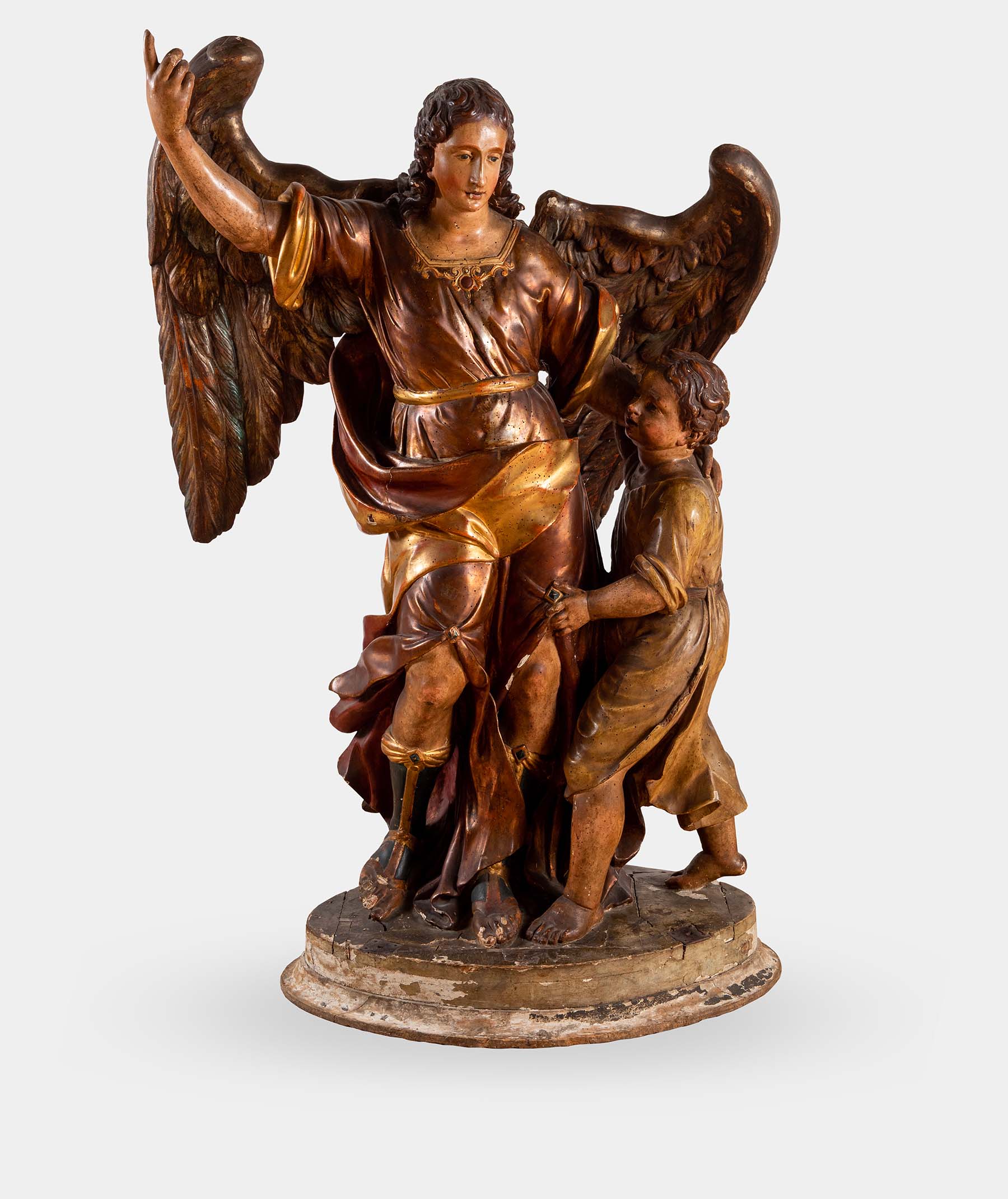 Importante scultura lignea policroma raffigurante “Angelo con bambino”, XVIII sec. 