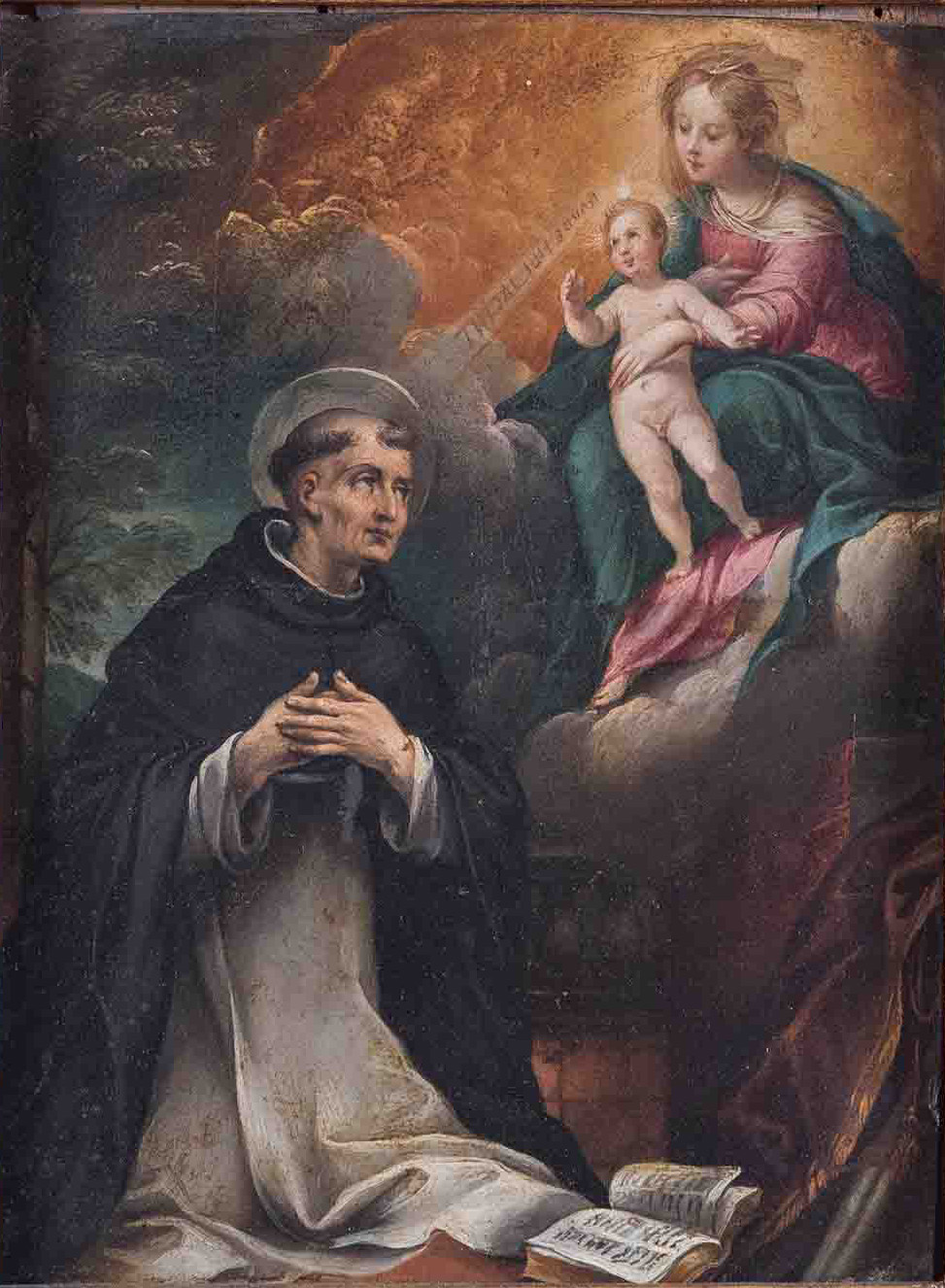 Maestro Emiliano dell’inizio del XVII secolo, “Madonna con Bambino e Santo”.