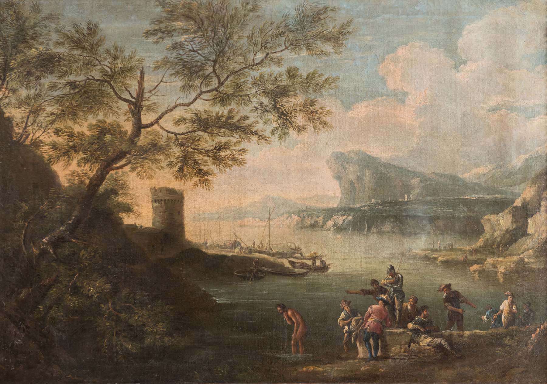 Jacob de Heusch (1657–1701), attribuito a, “Scena di porto”.