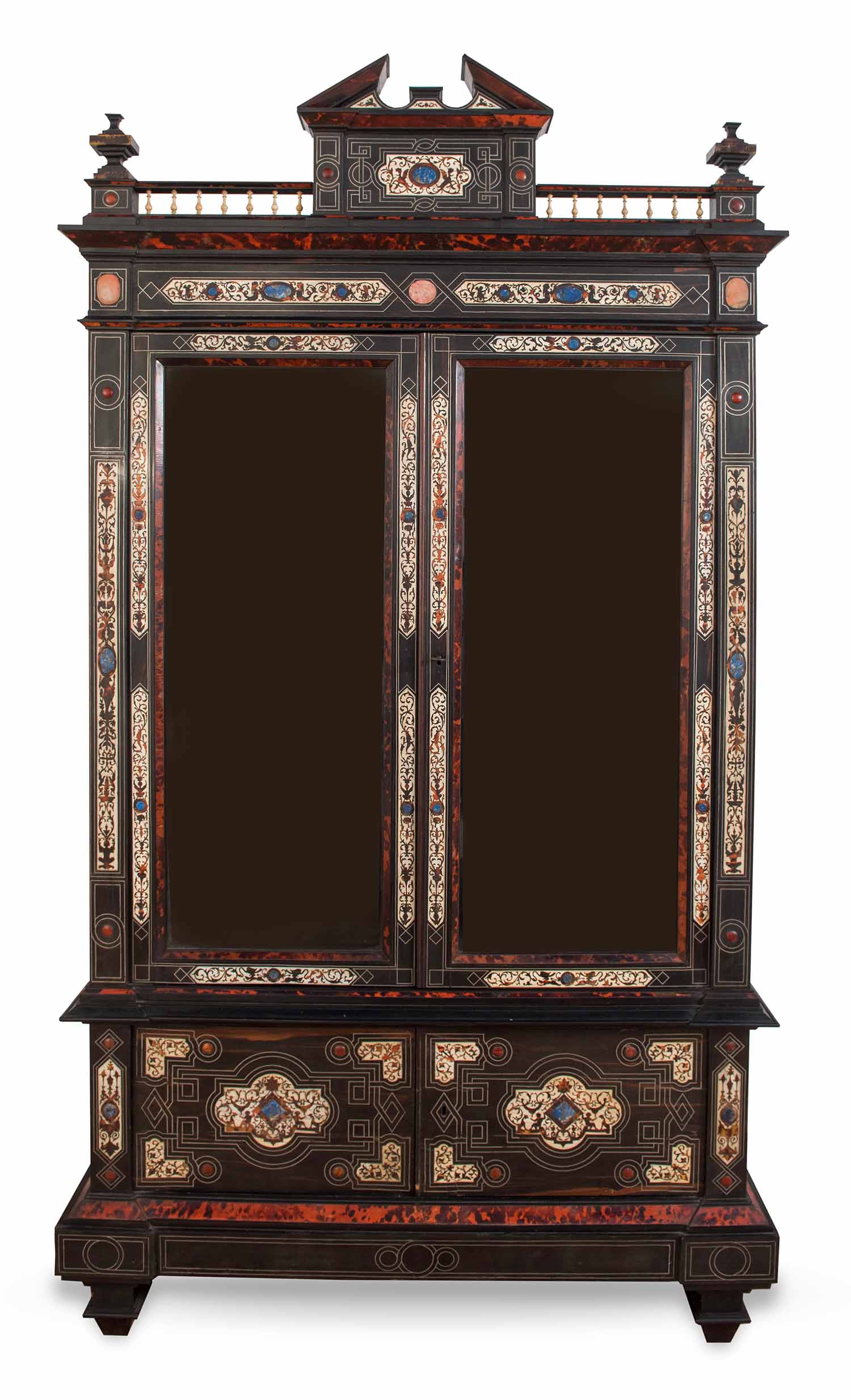 Vetrina lastronata in ebano con intarsi in avorio, tartaruga e pietre dure, metà del XIX sec.