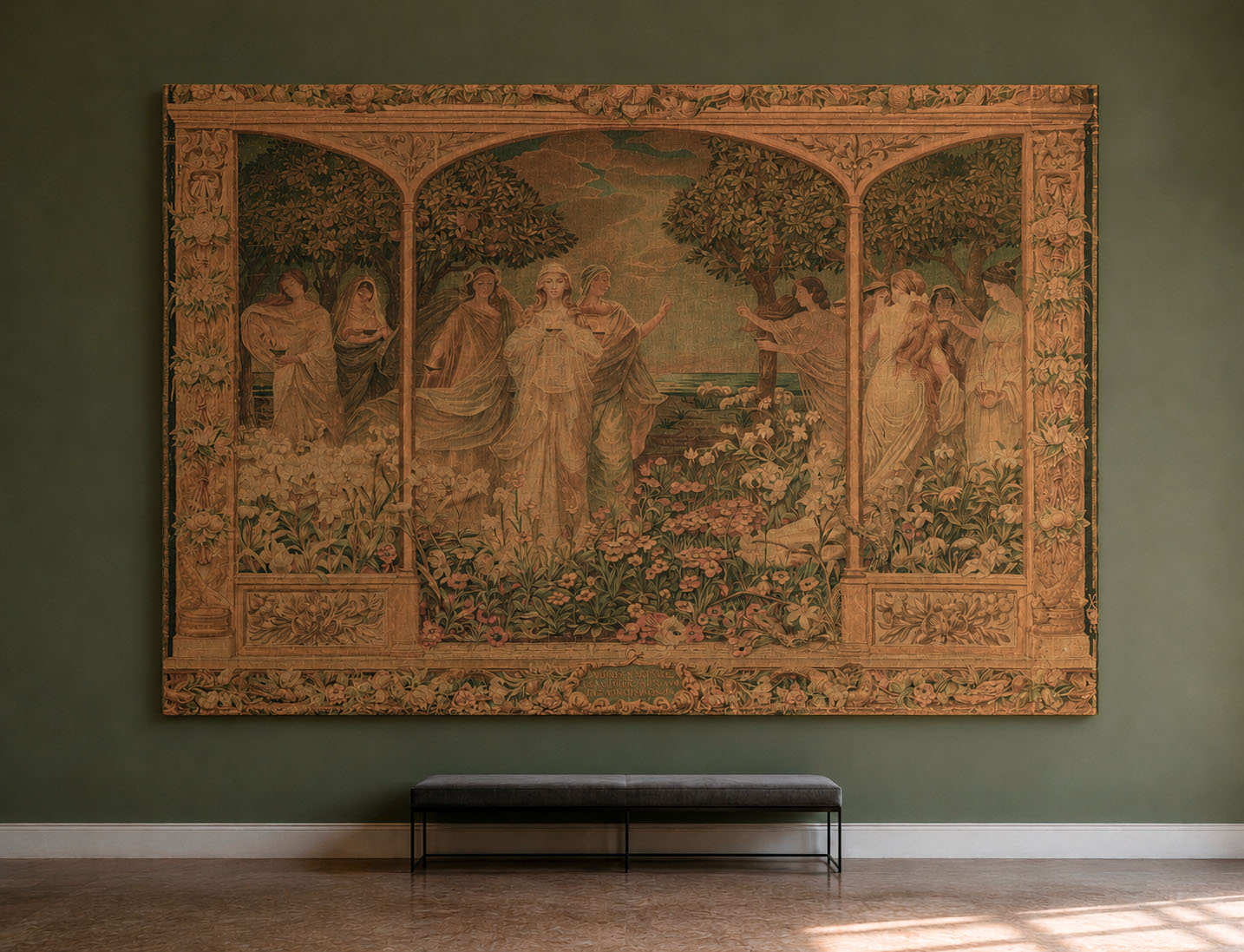 Grande succo d'erba su tela raffigurante la Parabola delle Dieci Vergini dal Vangelo di Matteo, montato su telaio ligneo, circa 235&times;350 cm. Trattato da Gregory's Casa d'Aste Bologna, prima casa d'aste di Bologna dal 2013.