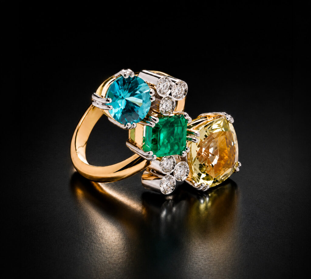 Anello Gino Fontana della collezione "Glicine" in oro giallo e bianco con smeraldo dello Zambia, berillo giallo, zircone azzurro e diamanti.