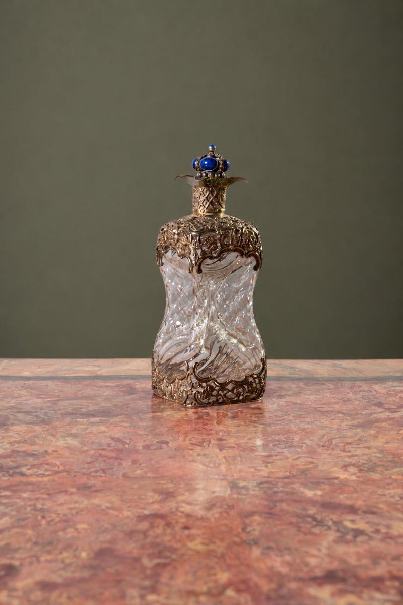 Bottiglia da liquore in cristallo con montatura in argento Sterling 925 vermeil di Benjamin Smith, Londra, metà XIX secolo, con tappo a corona e cabochon in lapislazzuli.