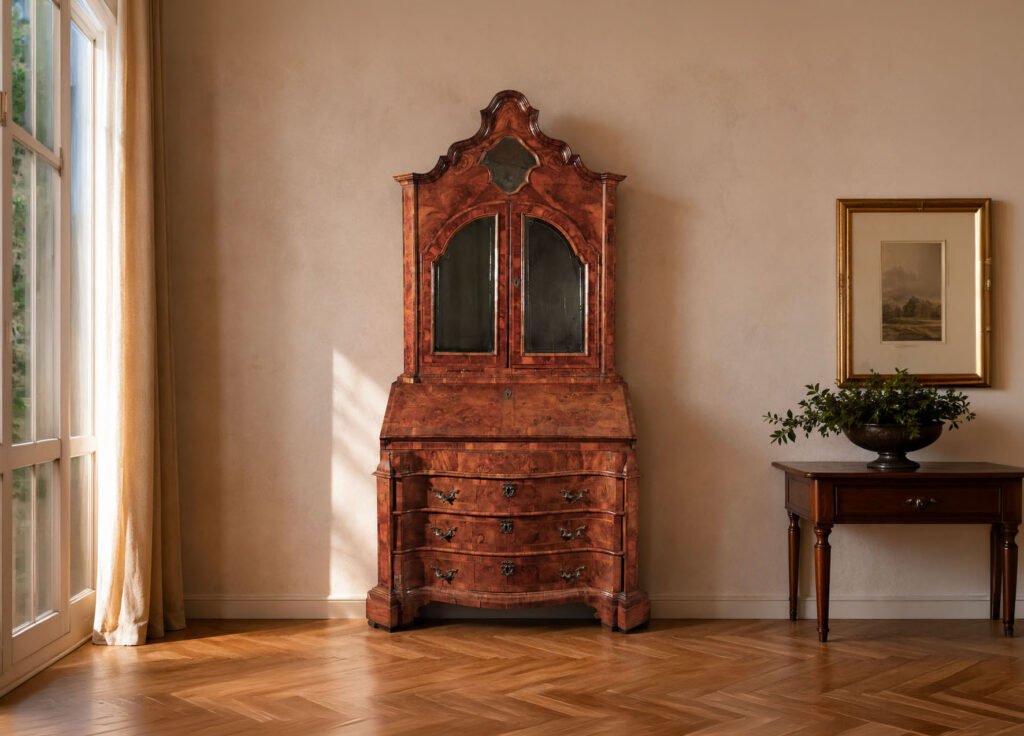 Cassettone con alzata del Veneto della metà del XVIII secolo in legno di noce e radica di noce, con ante a specchio e calatoia. Mobile antico trattato da Gregory's Casa d'Aste Bologna, prima casa d'aste di Bologna dal 2013.