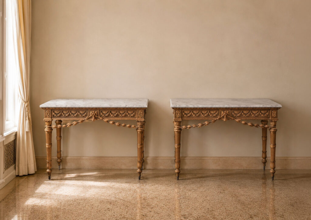 Coppia di console toscane di fine XVIII – inizio XIX secolo in legno intagliato e dorato con piani in marmo e decorazione a ghirlande, festoni fogliacei e gambe rastremate. Trattate da Gregory's Casa d'Aste Bologna, prima casa d'aste di Bologna dal 2013.