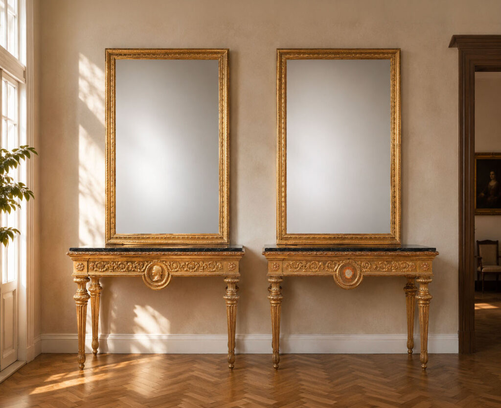 Coppia di console francesi di fine XVIII secolo in legno intagliato e dorato con piano in marmo Portoro e specchiere di gusto Luigi XVI. Trattate da Gregory's Casa d'Aste Bologna, prima casa d'aste di Bologna dal 2013.