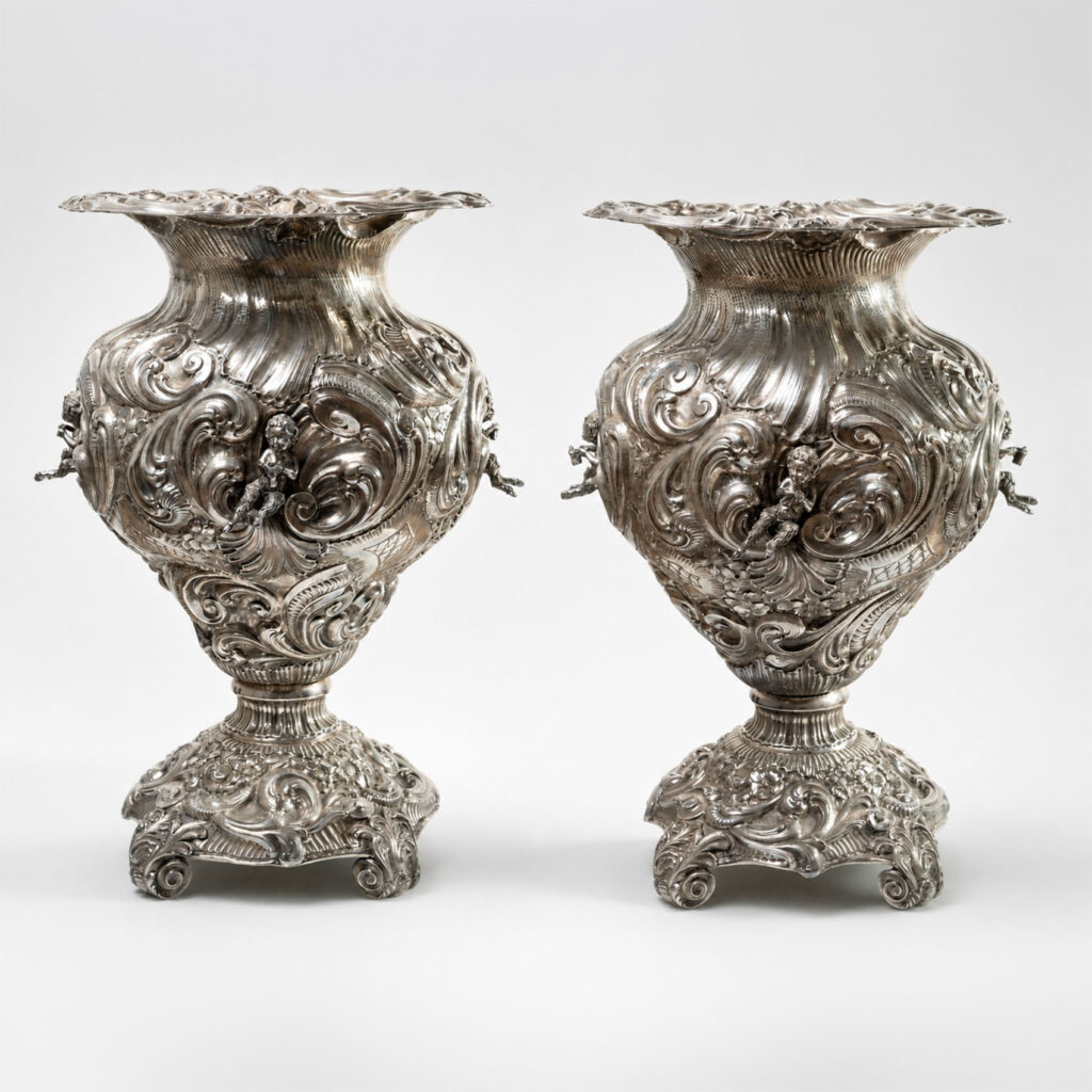 Pair of monumental repoussé and chased silver baluster vases signed Lino Lay, Italy, 20th century.