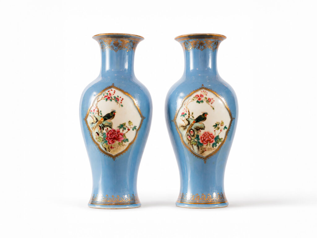 Coppia di vasi cinesi in porcellana color carta da zucchero con riserve raffiguranti uccelli e fiori, inizi XX secolo.