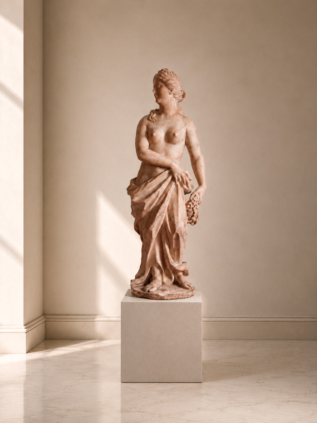 Nude Flora, white marble sculpture, early 19th century.