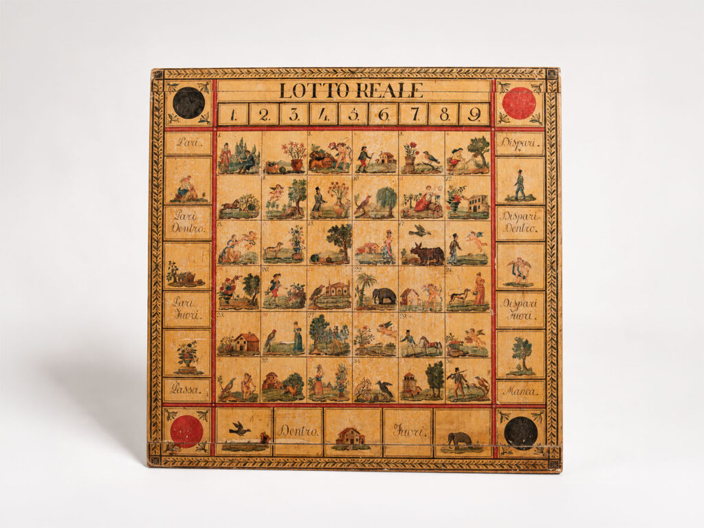 Gioco da tavolo "Biribisso" o "Lotto Reale" dipinto su pannello di legno, Campania, XIX secolo.