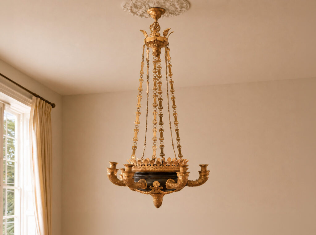Lampadario in bronzo dorato e patinato a sei luci, Russia, inizio del XIX secolo, con bracci a cornucopia e ricca decorazione cesellata. Trattato da Gregory's Casa d'Aste Bologna, prima casa d'aste di Bologna dal 2013.