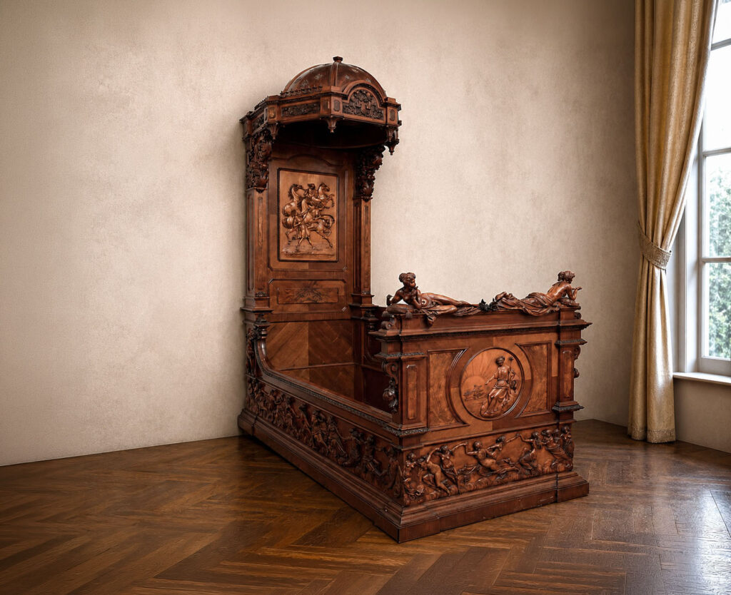 Importante letto a baldacchino attribuito a Mario Rutelli in legno di noce intagliato e lastronato, con figure femminili scolpite e ricchi rilievi decorativi. Arredo storico trattato da Gregory's Casa d'Aste Bologna, prima casa d'aste di Bologna dal 2013.