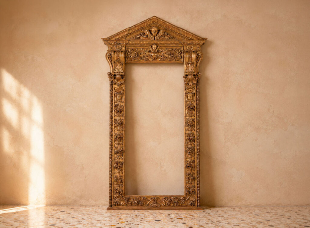 Monumentale cornice in legno intagliato e dorato a mecca della seconda metà del XVII secolo, con timpano, putti scolpiti, foglie d'acanto, mascheroni e ricchi intagli floreali. Trattata da Gregory's Casa d'Aste Bologna, prima casa d'aste di Bologna dal 2013.