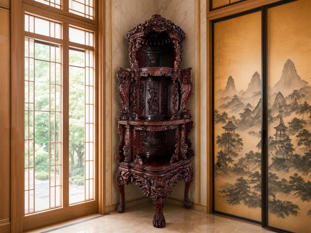 Monumentale mobile angoliera giapponese del periodo Meiji in legno finemente intagliato con draghi, animali e motivi vegetali.