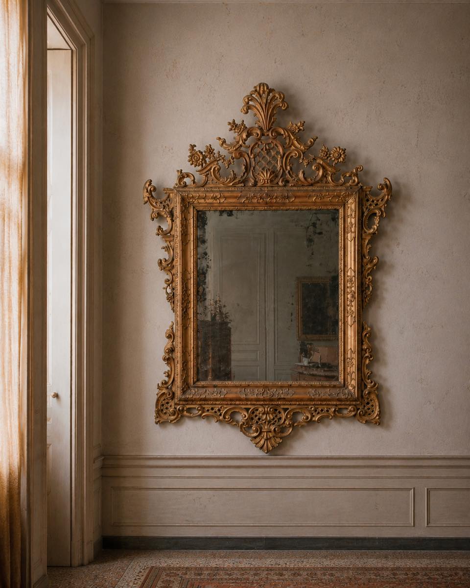 Specchiera veneta del XVIII secolo in legno intagliato e dorato con specchio al mercurio, cornice intagliata e cimasa traforata.