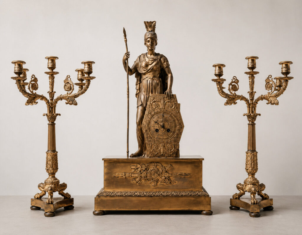 19th-century French gilt bronze garniture comprising a Minerva mantel clock and a pair of five-light candelabra.