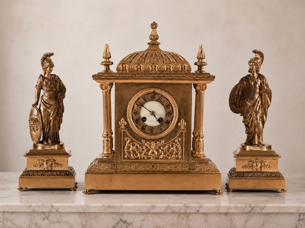19th-century French gilt bronze garniture comprising a temple mantel clock and sculptures of Mars and Minerva.