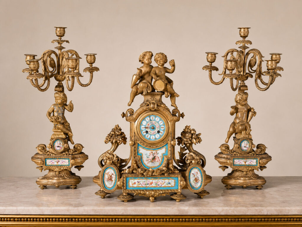 Trittico francese in metallo dorato con orologio e coppia di candelabri decorati con placche in porcellana di Sèvres, fine XIX secolo.