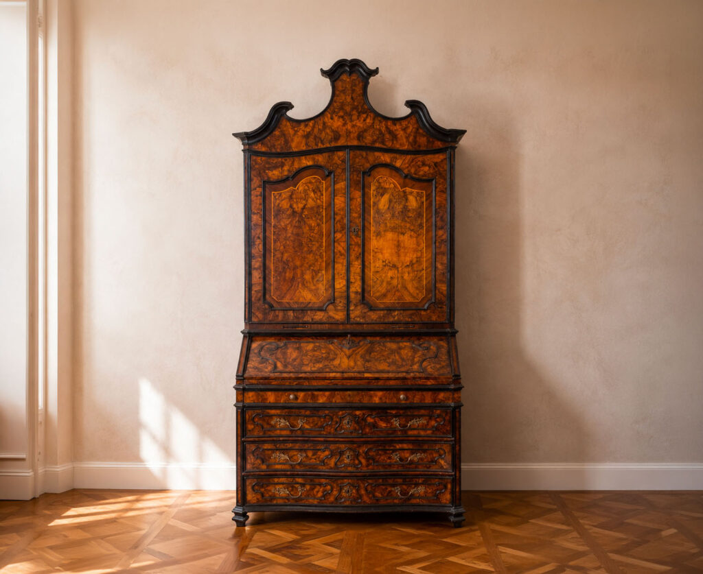 Trumeau lombardo della metà del XVIII secolo in radica di noce con profilature ebanizzate, scarabattolo interno e cimasa a timpano spezzato. Mobile antico trattato da Gregory's Casa d'Aste Bologna, prima casa d'aste di Bologna dal 2013.