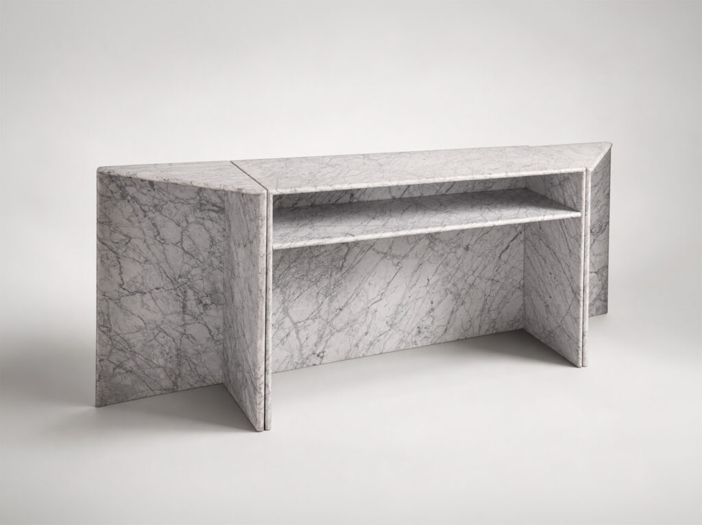 Console Up & Up in marmo di Carrara con doppio piano, produzione italiana, anni Settanta.