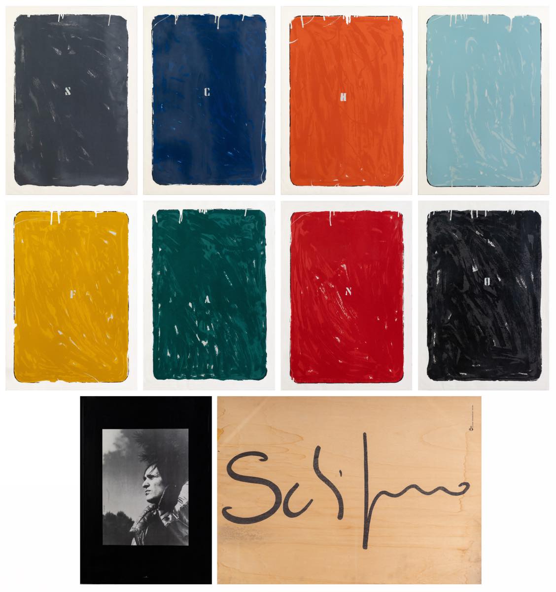 Mario Schifano, "Monocromo – Autoritratto", multiplo composto da otto tavole monocrome e autoritratto