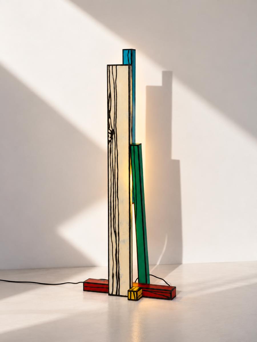 Richard Woods per Memphis, "Crossing Chopped Stock Lamp (BIG)", lampada-scultura in legno dipinto, 2008