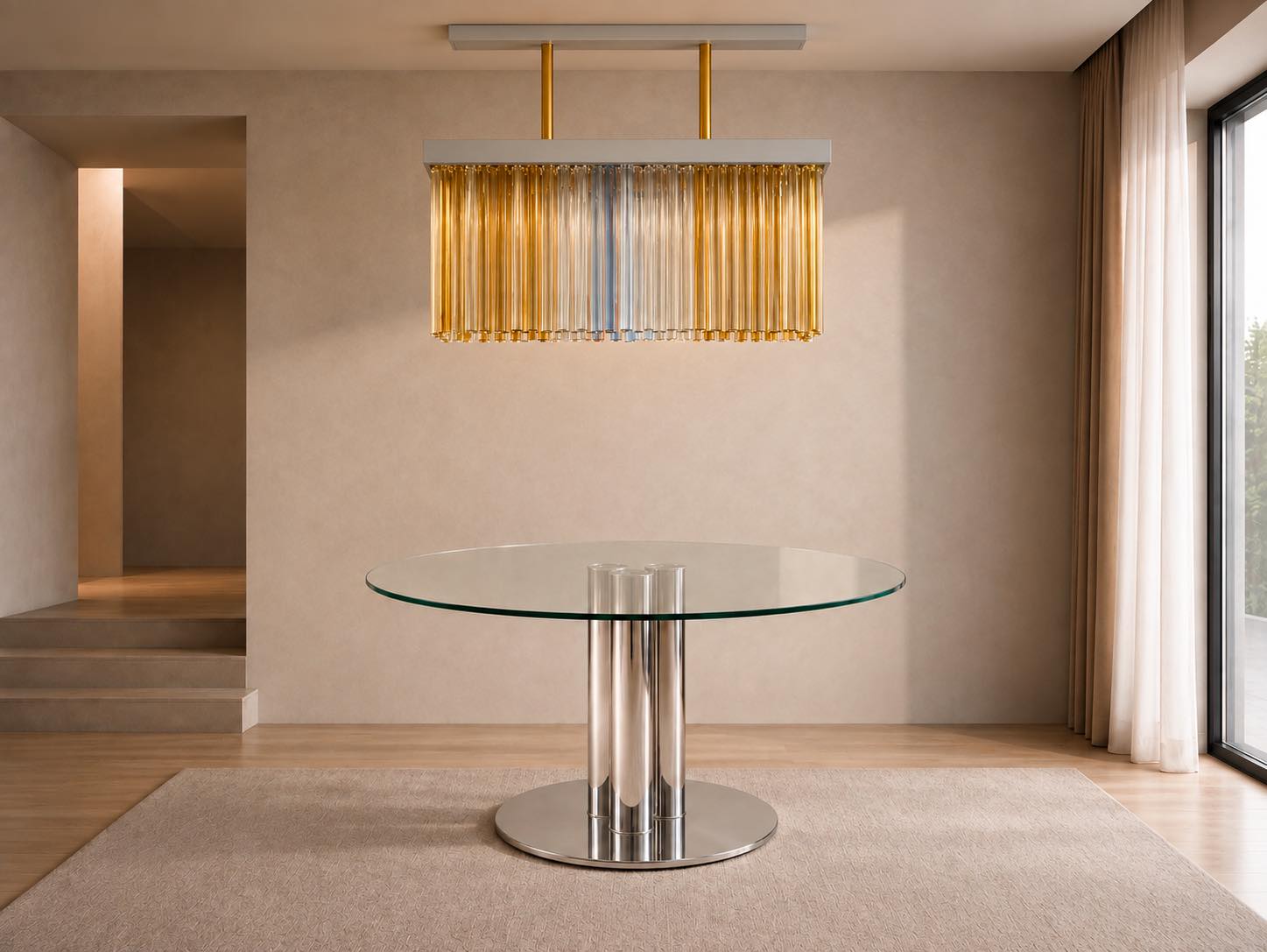 Grande lampadario a sospensione Venini Murano degli anni Settanta con 76 triedi in vetro ambra, celeste e trasparente